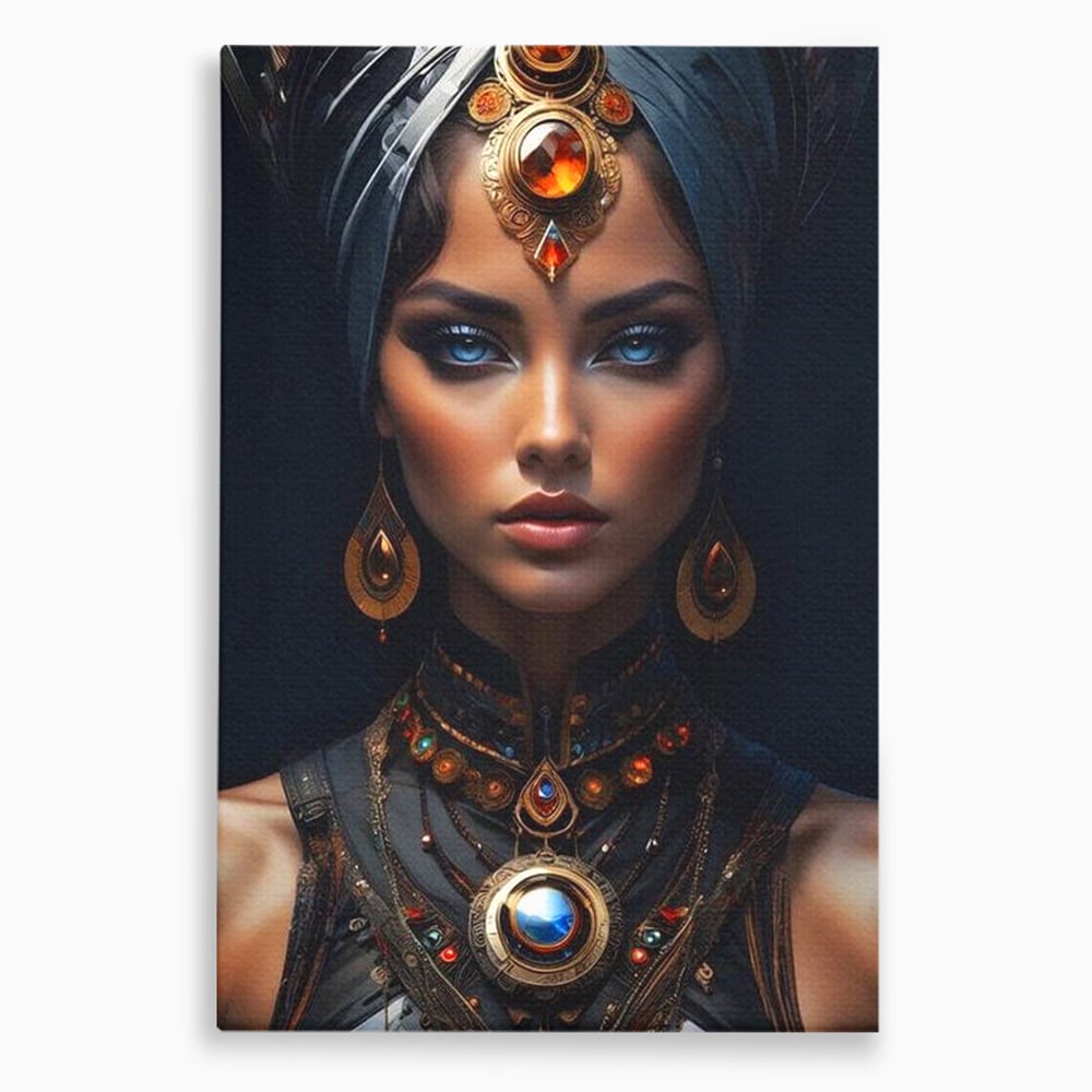 Tablou canvas cu portret de femeie cu turbant si bijuterii, fara rama, pe sasiu de lemn